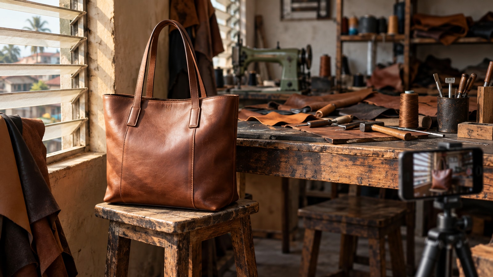 A brown leather tote bag on a wooden stool by an open window in a small Aba workshop, lit by morning daylight, with a phone on a tripod pointed at it