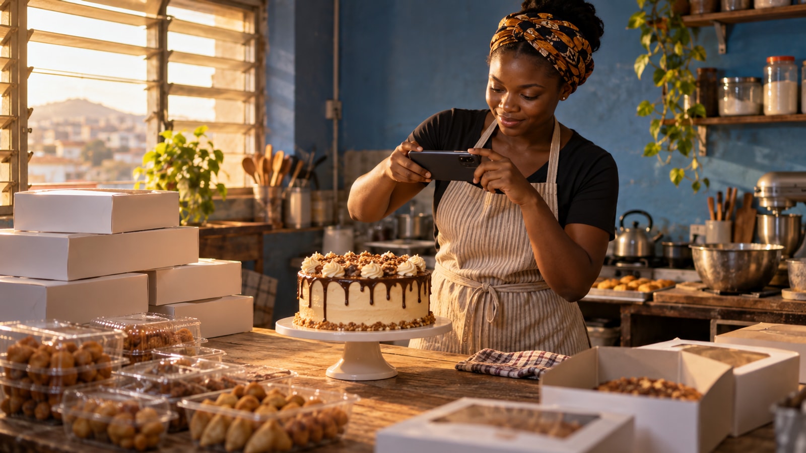 A Nigerian home baker in an apron photographing a boxed cake on a wooden table in warm evening window light