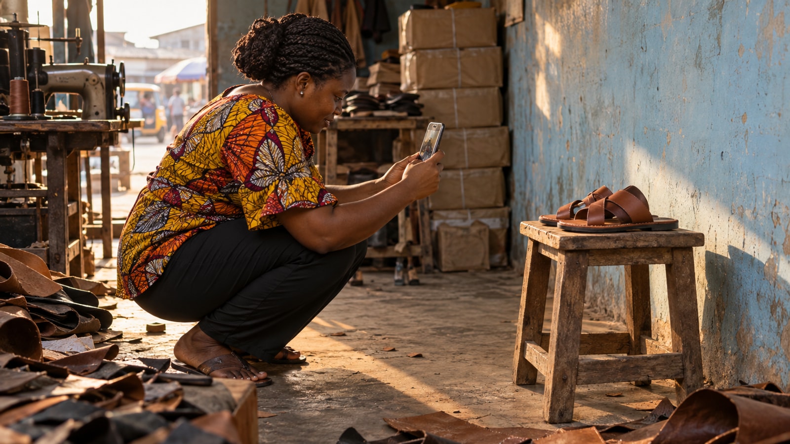 A shoemaker in a small Aba workshop photographing a pair of handmade leather sandals on a wooden stool with her phone, cardboard parcels stacked behind her in warm afternoon light.