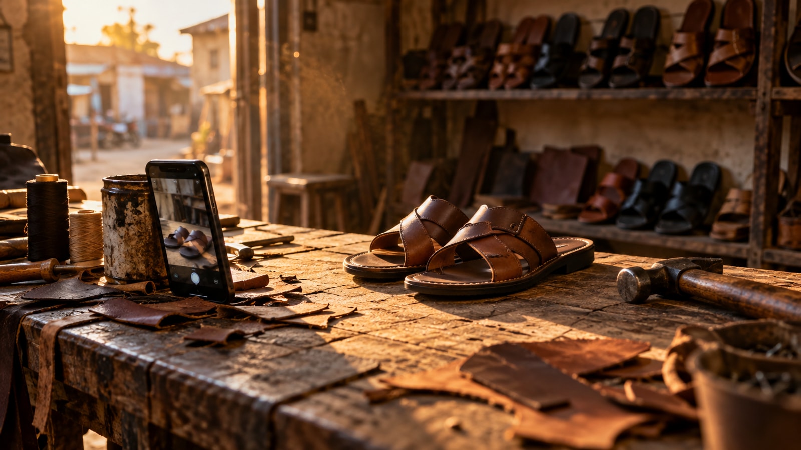 A sandal maker's workbench in Aba at sunset, covered with leather offcuts and tools, with a smartphone propped up facing a finished pair of leather sandals.