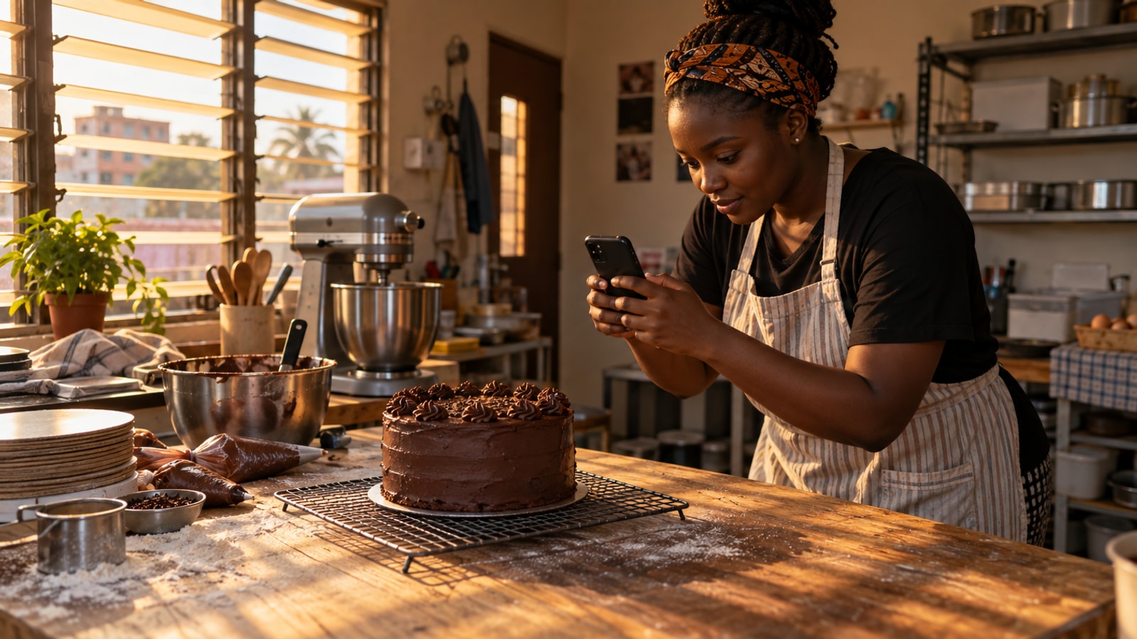 A baker in an apron photographing a freshly iced chocolate cake with her phone in a small Lagos home kitchen, afternoon light coming through window slats.