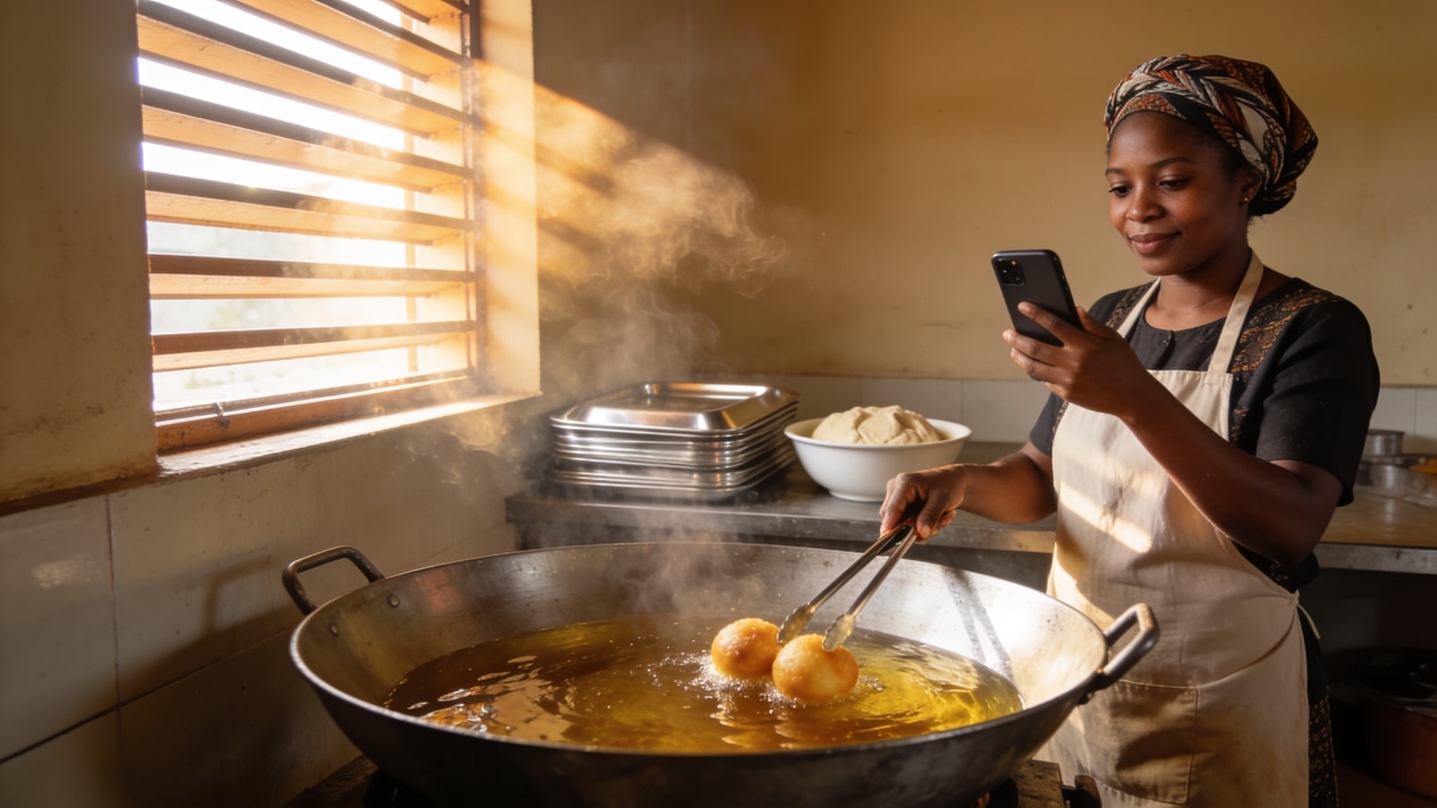 A caterer in an apron films puff-puff frying in a wide pot on her phone in a small kitchen lit by late afternoon sun.