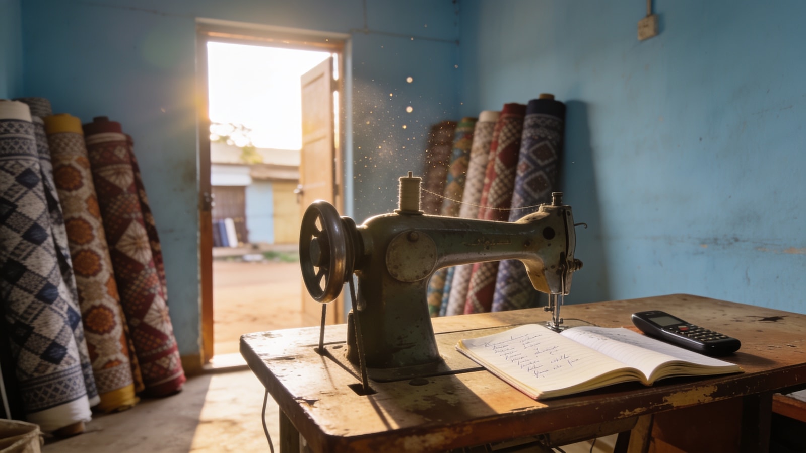 An open handwritten order book and a phone on a worn worktable in a small Nigerian curtain workshop, bolts of fabric stacked behind in late afternoon light.