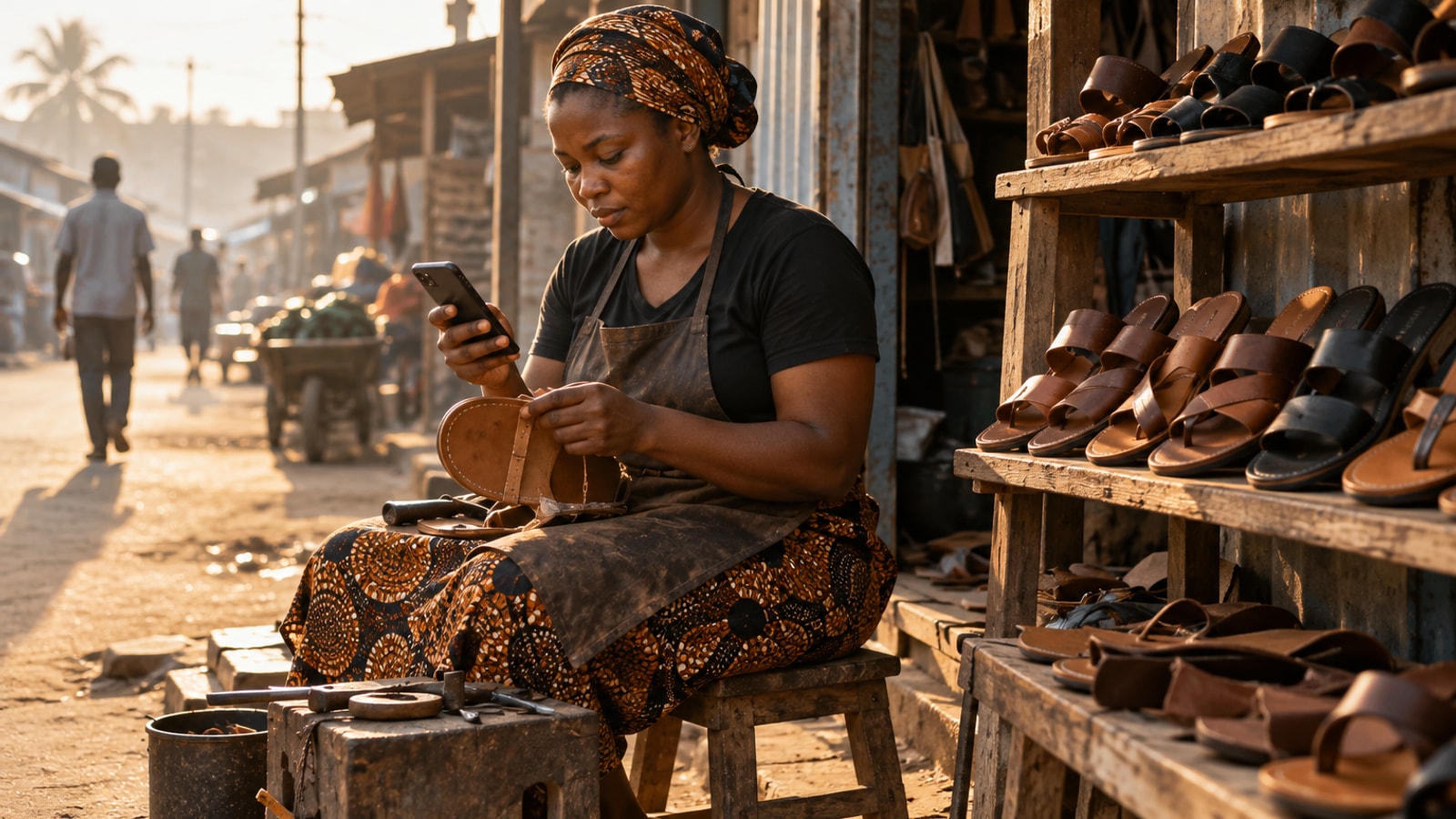 A sandal maker in Aba sits outside her workshop at dawn, checking her phone beside a rack of handmade leather sandals.