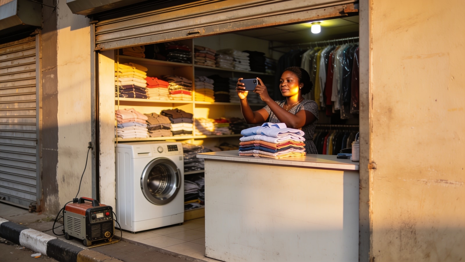 A laundry owner in Surulere photographing a stack of folded shirts on her phone in the warm afternoon light of her shop doorway